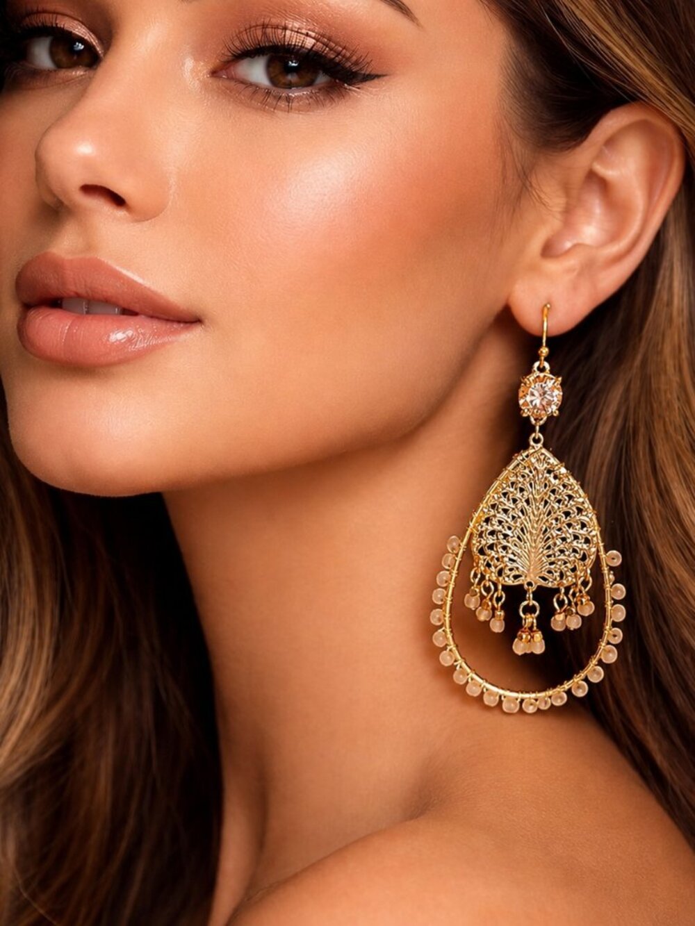 Express Champagne Crystal and Gold Tone Statement Dangle Earringss